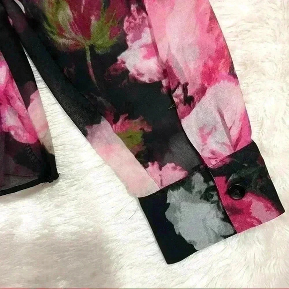 Ellen Tracy Semi Sheer Black Floral Ruffled Blouse - Picture 11 of 13